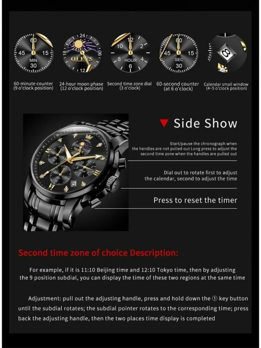 Men's Black Diamond Analog Quartz Stainless Waterproof Luminous Classic Watch